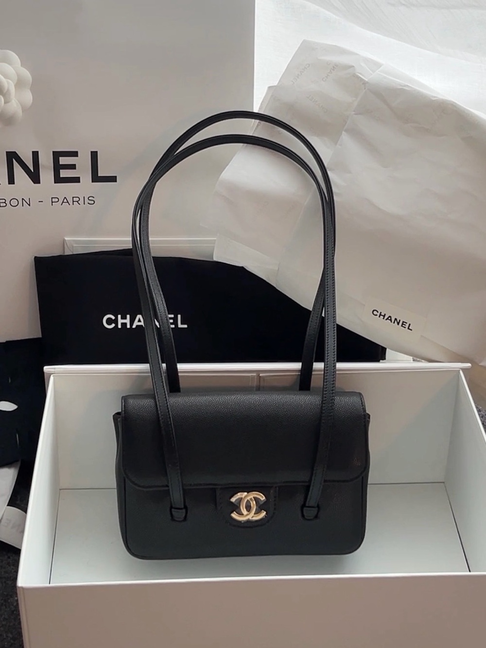 CHANEL Preppy Coco Black Leather Shoulder Bag with Gold CC Hardware, mini size